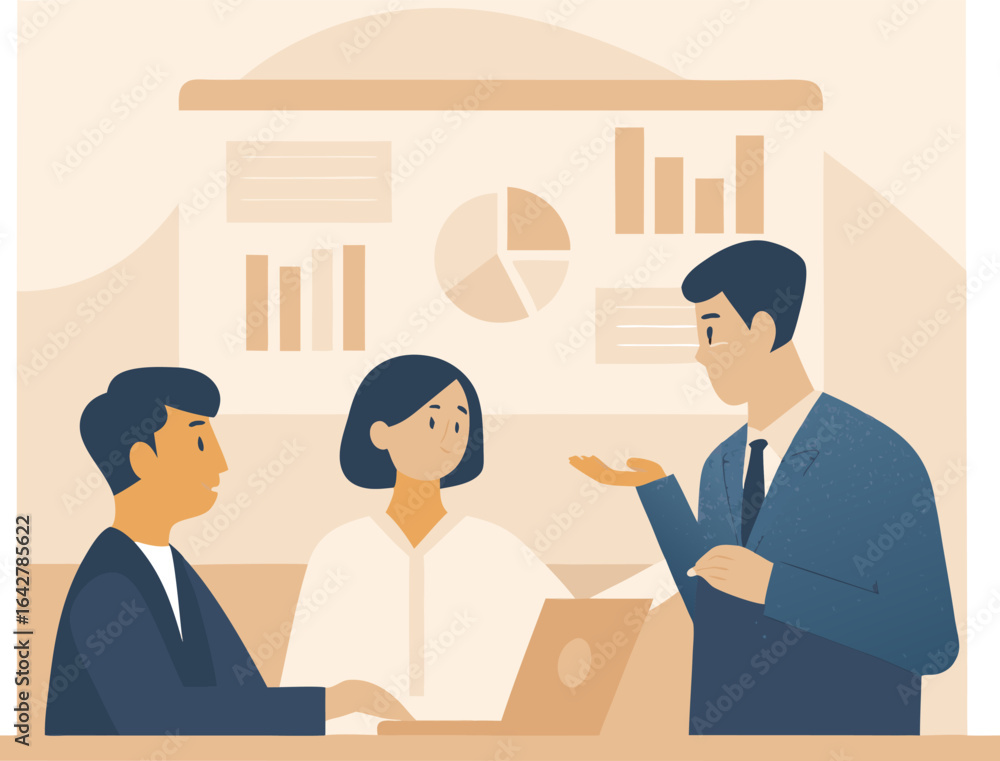 Poster illustration of a business meeting with three people discussing data charts and graphs on a presenta
