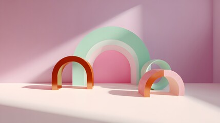 Colorful arch shapes in a pastel-colored room.