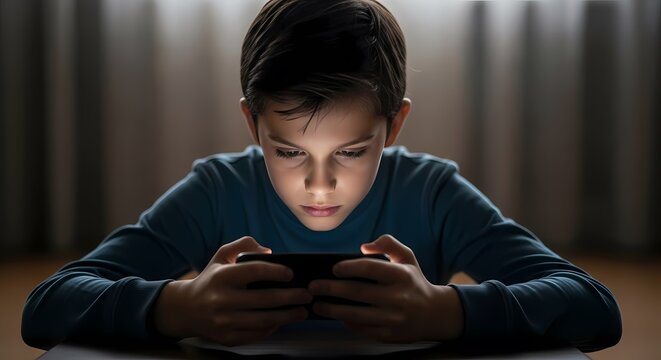 Young boy focused on using a smartphone indoors with soft lighting and dark background, symbolizing technology and childhood