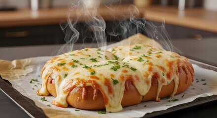 Hot, cheesy garlic bread with crispy crust and aromatic herbs straight from the oven.
