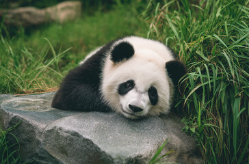 Obraz premium A very cute black and white panda is lying on the rock, with its head resting against its belly