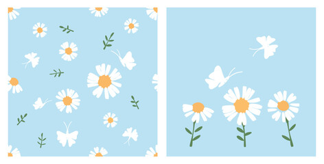 Seamless pattern with daisy flower and butterfly cartoons on blue sky background. Daisy icon set and butterflies vector.