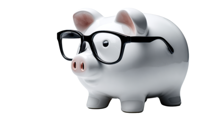 Smart Piggy Bank: A charming piggy bank, complete with stylish spectacles, symbolizes financial intelligence and shrewd savings in this crisp, clear composition.