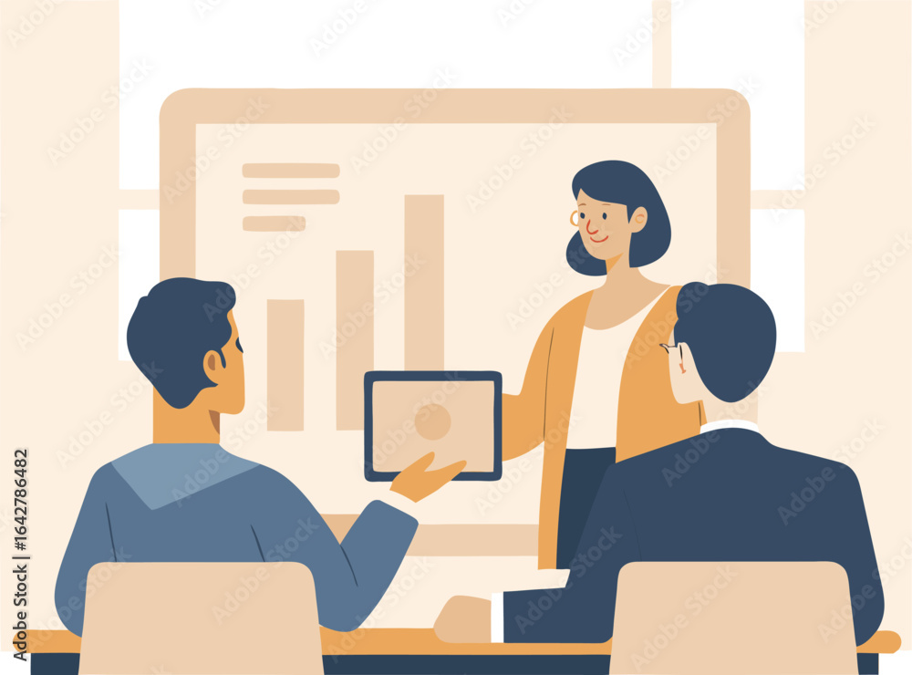 Poster woman presenting data on a screen to colleagues in a business meeting with a bar graph display shown
