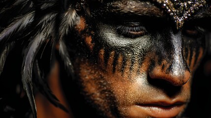 Close-up of a person with elaborate face paint and feathers.