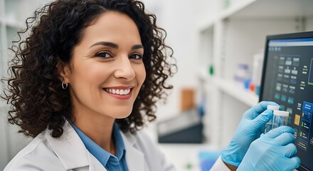 Smiling female scientist in laboratory holding test tube and looking at computer screen while wearing blue gloves and lab coat