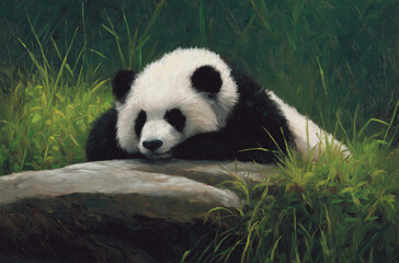Obraz premium A very cute black and white panda is lying on the rock, with its head resting against its belly