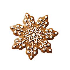 Delicate snowflake gingerbread cookie adorned with intricate white icing, perfect for festive holiday celebrations.