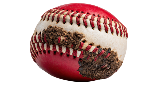 Baseball Ball: A classic baseball ball, with its distinctive red stitching and worn leather, is the centerpiece of the image. Highlighting its rich details and history.