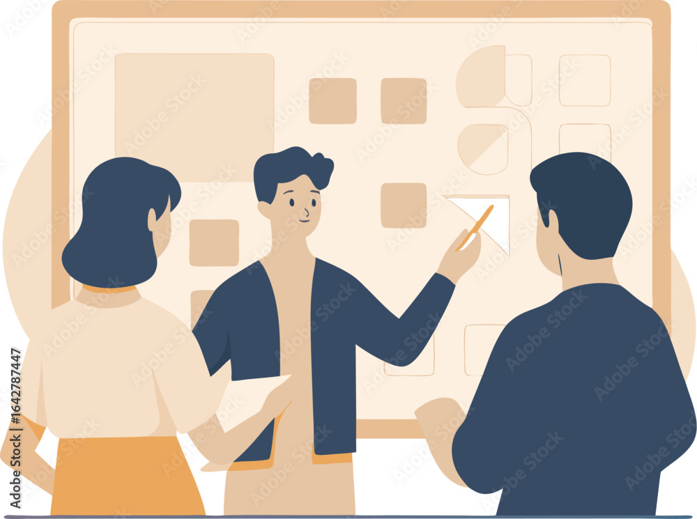 Poster people in a meeting with a presenter pointing to a diagram on a board during a discussion session