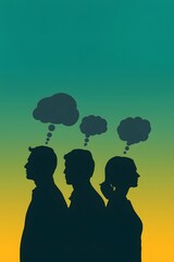 Silhouettes of three people with thought bubbles above their heads on a gradient background, representing ideas, imagination, creativity, brainstorming, and communication concepts