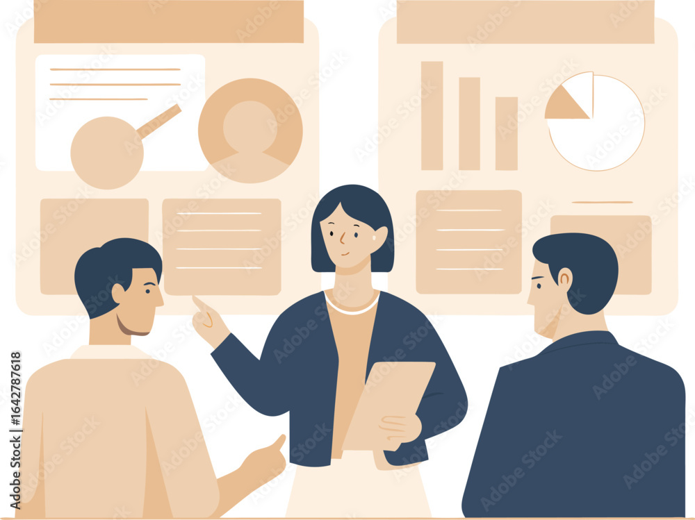 Aufkleber three people analyzing charts and graphs on a presentation board in a business meeting setting indoo