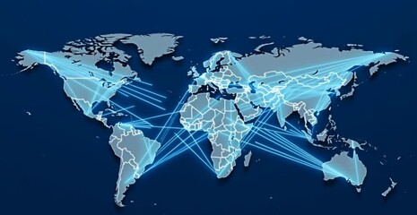World map with glowing connections highlighting global business and travel - Powered by Adobe