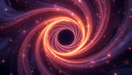 Naklejka premium Abstract spiral swirel vortex style outer space theme particles in warm colors rays, in a dark purple background, intricate details, hole on the middle of the vortex, glowing stars sparkling around th