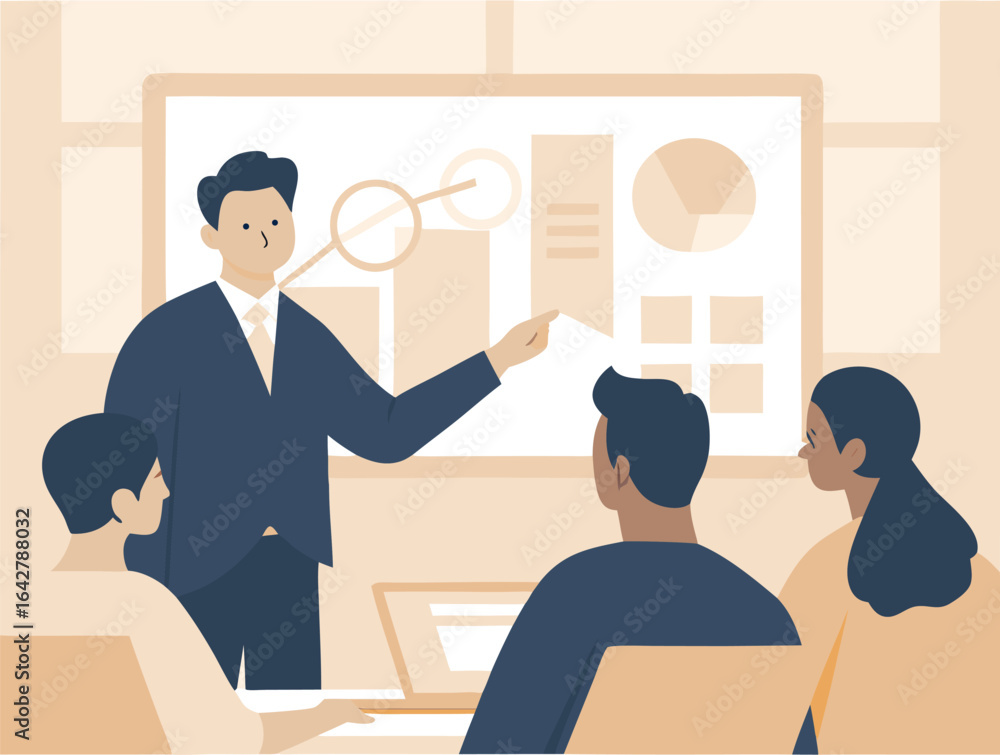 Aufkleber a presentation with a man in a suit pointing to a chart in front of a small group of people sitting 
