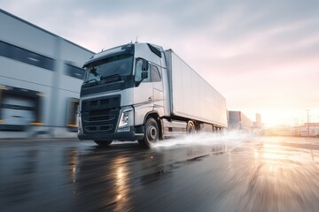 Modern Refrigerated Truck Pulling Away from Distribution Center on Rainy Evening