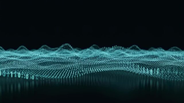 Digital data flow on abstract glowing grid with binary code. Network connection and information technology concept footage.