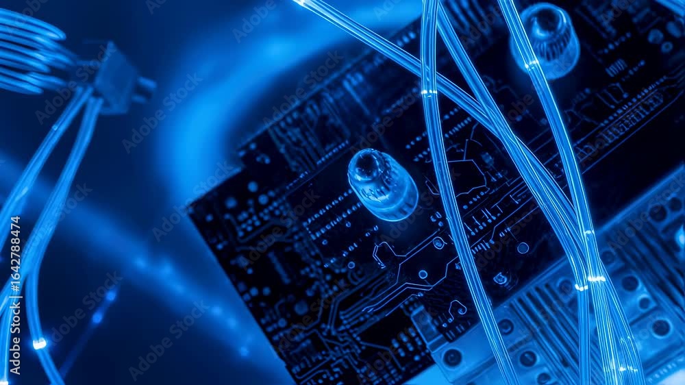 Poster fiber optic cables illuminate a circuit board, symbolizing high-speed data transmission and abstract