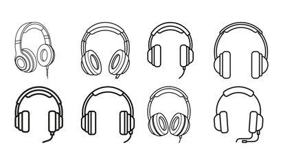 Collection of Eight Minimalist Line Art Headphones Icons: Modern, Simple, and Clean Design for Technology, Music, and Audio Branding.
