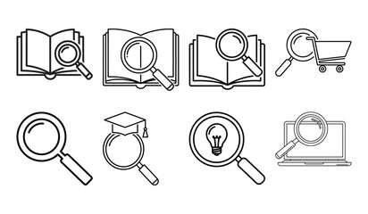 Modern Line Art Icons: Research, Education, E-commerce, and Innovation Concepts;  Clean, Minimalist Style;  Vector Graphics.