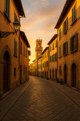 Fototapeta premium Charming European old town street at golden hour, cobblestones