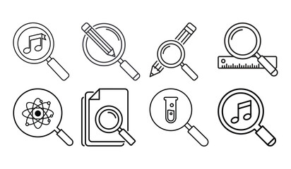 Modern Line Art Magnifying Glasses Icons: Research, Education, Music, Science, and Technology Concepts.