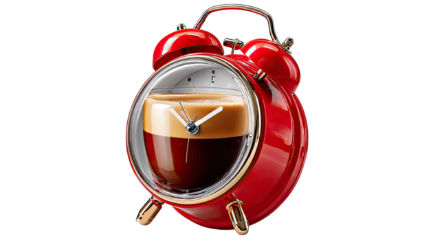 Coffee Break Alarm Clock: A red alarm clock creatively integrated with a coffee cup, signaling the start of a day fueled by the aroma of freshly brewed coffee.
