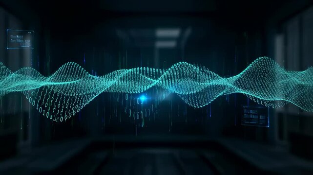 Abstract blue data wave with binary code numbers and light particles flowing in a dark digital space footage.