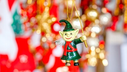 A whimsical elf figurine ornament hangs, showcasing festive red and gold bokeh