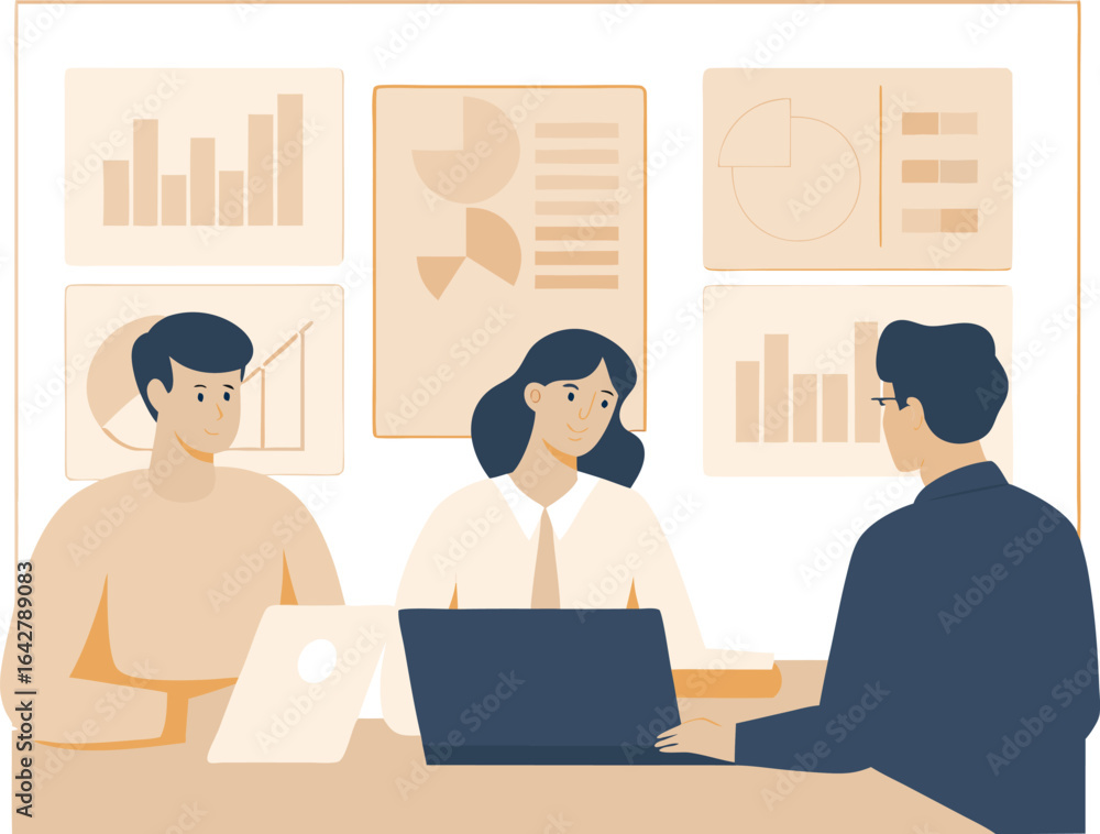 Poster three professionals collaborating in a meeting with charts and graphs displayed on the wall behind t