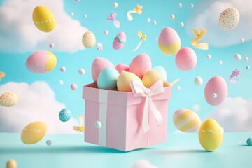 Colorful Easter box overflowing with pastel eggs in a cheerful sky-blue background