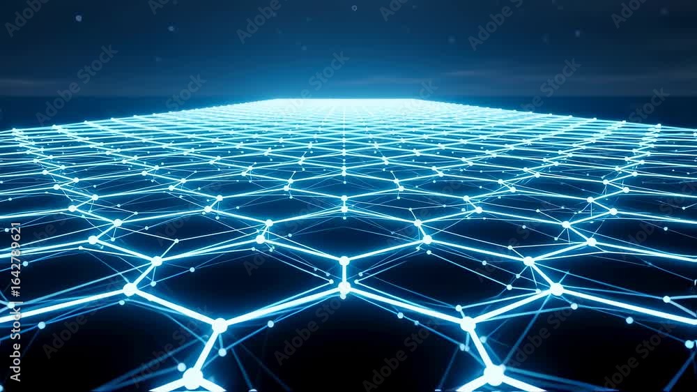 Poster glowing interconnected dots forming a hexagonal grid surface, representing a digital network, data, 