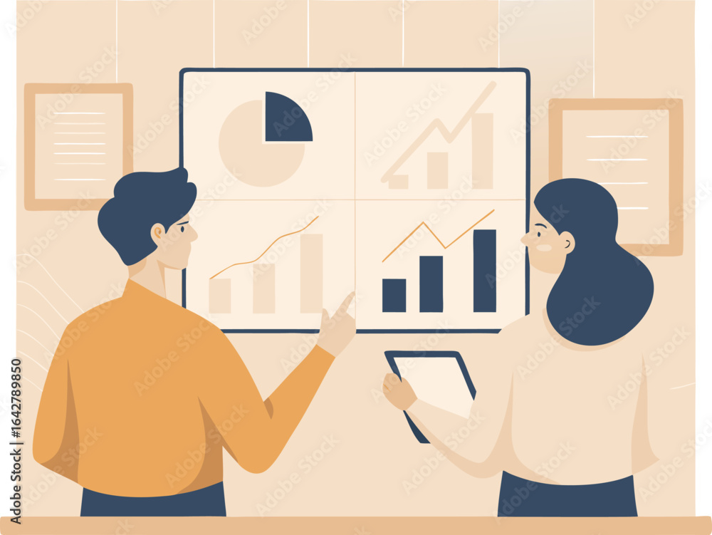 Poster two people analyzing data charts and graphs on a presentation board in an office setting at work pla