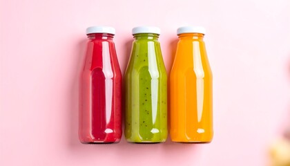 Colorful smoothies in glass bottles