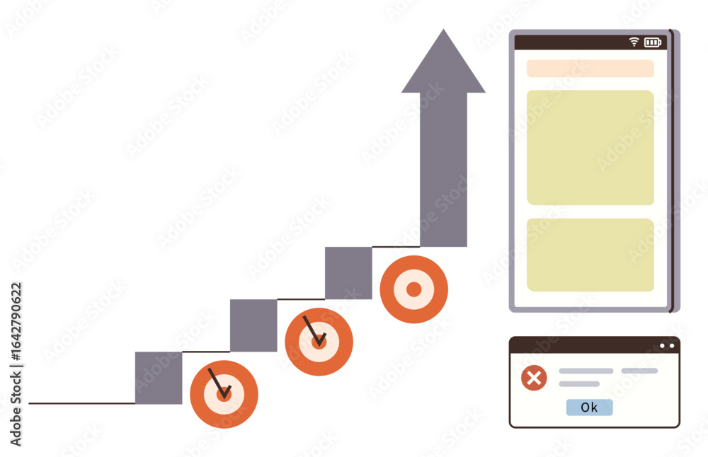Aufkleber ladder with targets on steps leading to a growth arrow, smartphone interface, and error popup. ideal