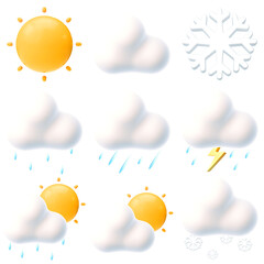 3D weather icon made by combining sun, clouds, snow and rain.