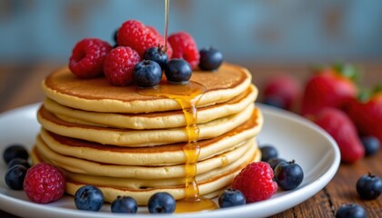 Golden Pancakes with Berries and Syrup Delight