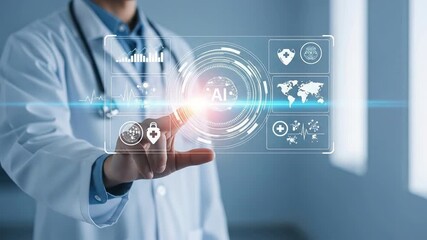 A doctor interacts with a bright holographic interface Medical icons and a world map overlay the light Modern healthcare technology displayed - Powered by Adobe