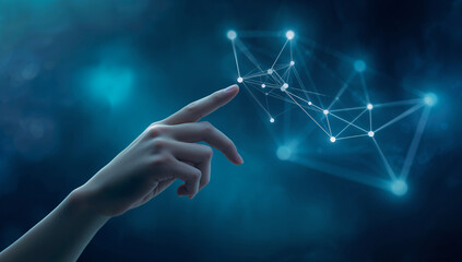 Fototapeta premium Human finger touching a glowing digital network in a futuristic abstract background