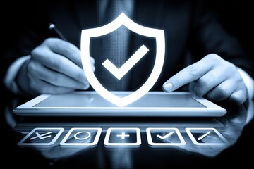 Businessman using tablet with security shield