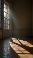 Sunlight Streaming Through Large Window Casting Shadows on Wooden Floor in Empty Minimalist Interior Space