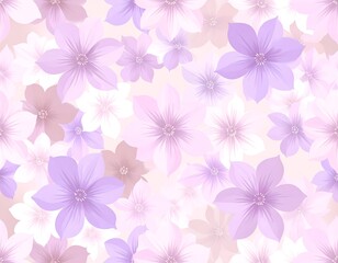 Soft pastel floral pattern, various shades of purple and white flowers on a light beige background