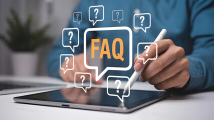 Person interacts with FAQ questions on digital tablet, seeking answers