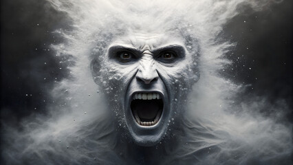 Disintegrating face in grey particles digital art