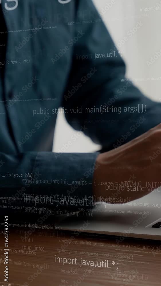 Poster computer programmer uses capable laptop computer to develop programming code of new software . compu