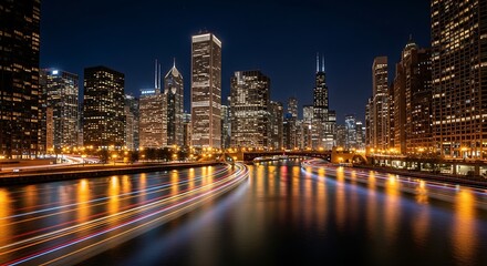 Chicago River Nightscape: Light Trails and Modern Skyline