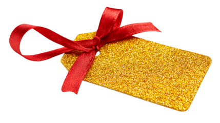 Yellow glitter gift tag with red ribbon on white background.