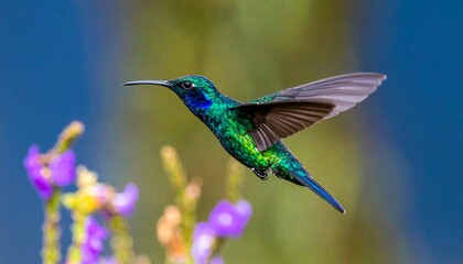 Fototapeta premium Hummingbird in flight over purple flowers