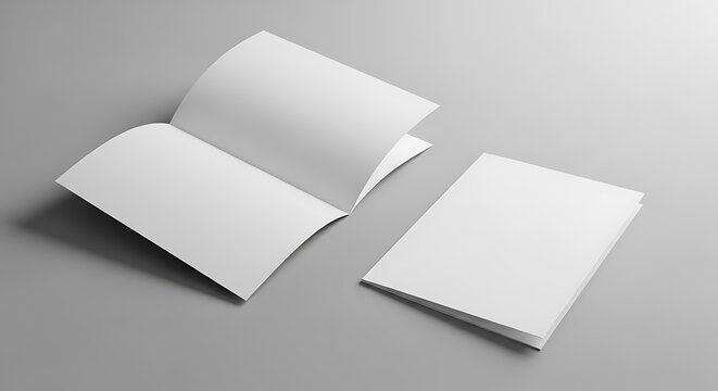 Two blank white open and closed books or magazines at an angle on a gray surface