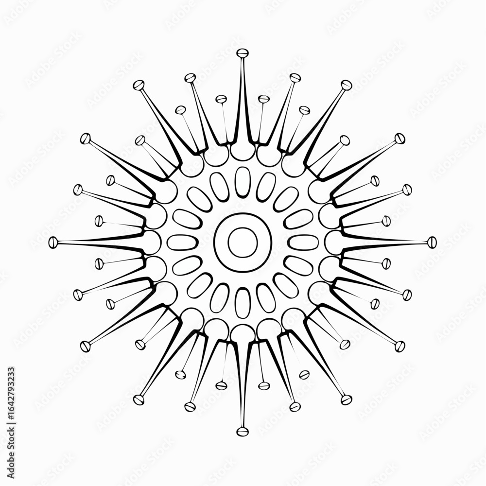 Poster a clean vector depiction of a stylized virus particle with abstract radial symmetry, in a minimal ar